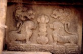 Fig. 7.  Stone lions in bas-relief. Tukan bahal, Kathmandu, eighth century. H. <em>c.</em>40 cm. &copy; Amy Heller