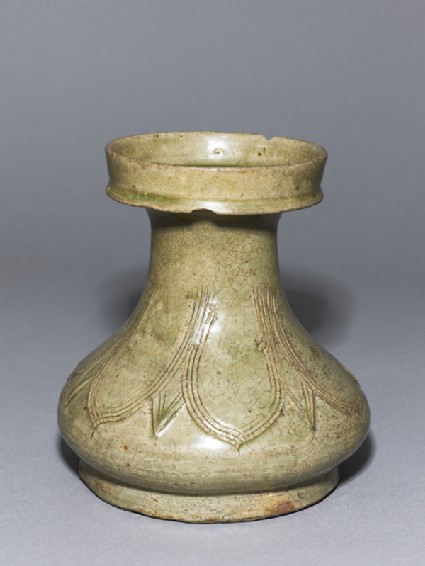 Greenware vase, or hu, with dish-shaped mouth and lotus decorationoblique