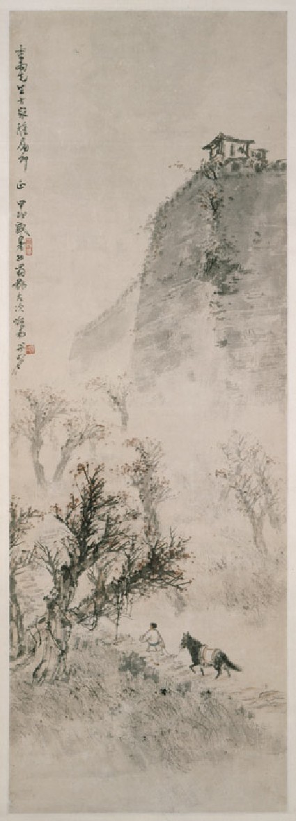 Man and horse beneath a city wallfront, painting only