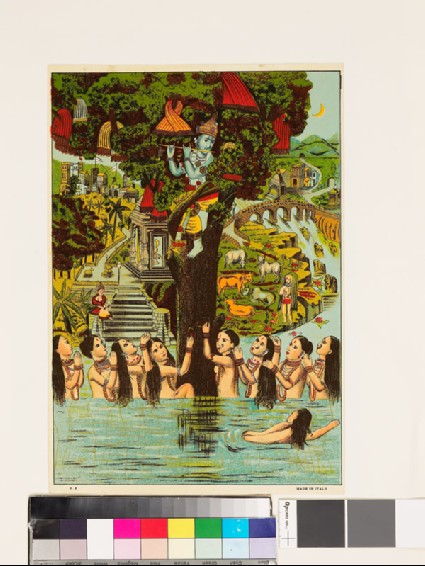 Krishna playing his flute in a treefront