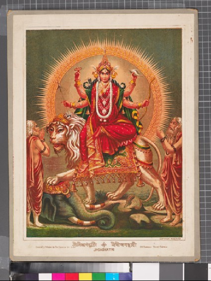 Jagaddhatri mounted on a lion, treading an elephant underfootfront