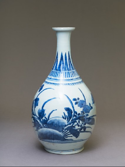 Bottle with peony and chrysanthemum spraysside