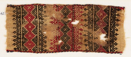 Textile fragment with bands of linked squares, crosses, triangles, and leavesfront