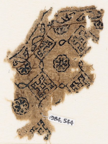 Textile fragment with squares linked by ovals, probably from the neck of a garmentfront