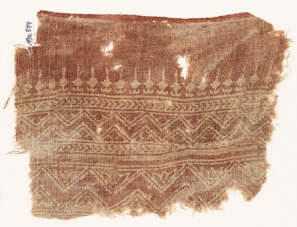 Textile fragment with bands of zigzag, chevrons, and bodhi leavesfront