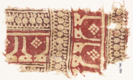 Textile fragment with arches or stupas, and arches probably based on kufic scriptfront