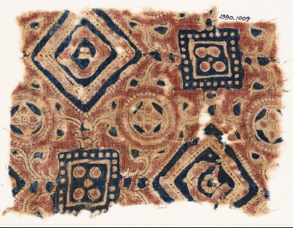 Textile fragment with squares, circles, and quatrefoilsfront