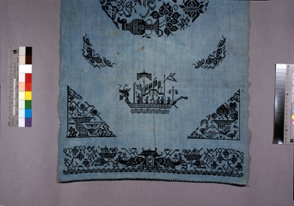 Table cover with vases of flowers, dragon boats, and water vesselsdetail