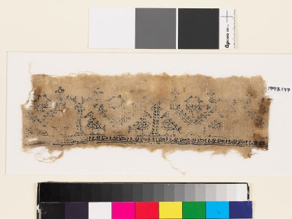 Textile fragment with stylized pairs of birds, trees, and pseudo-kufic inscriptionfront
