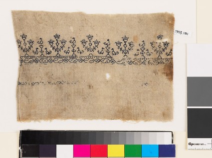 Textile fragment with stylized birds and treesfront