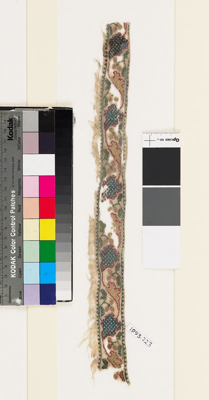 Textile fragment with scrolling vine-leaves, flowers, and leavesfront