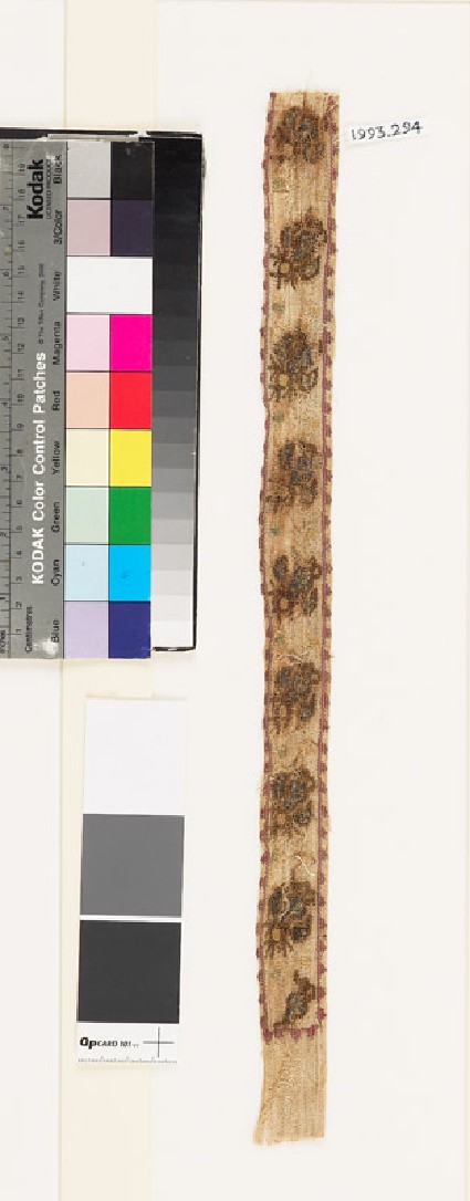 Textile fragment with stylized flowers and leavesfront