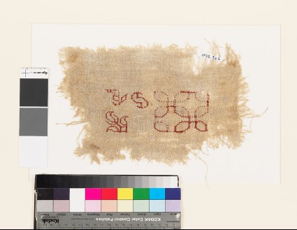 Sampler fragment with stylized floral shapes, S-shapes, and interlocking circlesfront