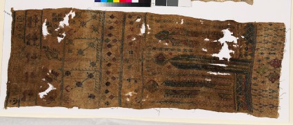 Sampler with stylized flowers and leaves, diamond-shapes, and V-shapesfront