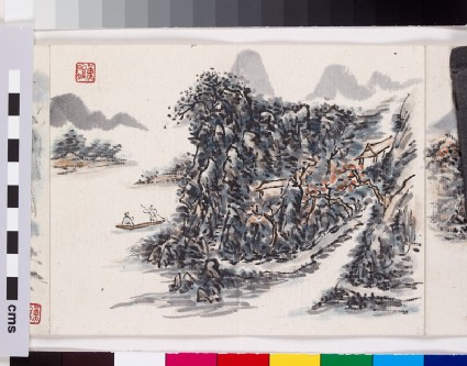 Two figures in a boat surrounded by trees and buildingsfront