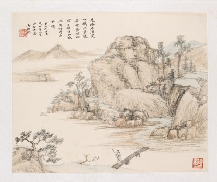 Figure on a jetty surrounded by mountainsfront