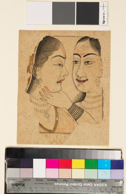 Two ladies, one caressing or squeezing the throat of the otherfront