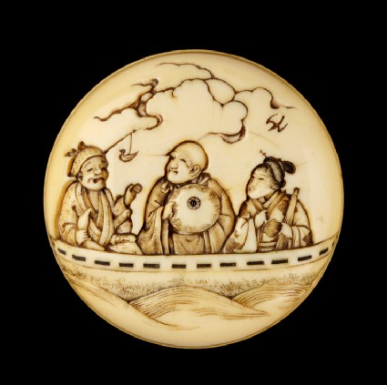 Manjū netsuke depicting Saigyō Hōshi in a ferryfront