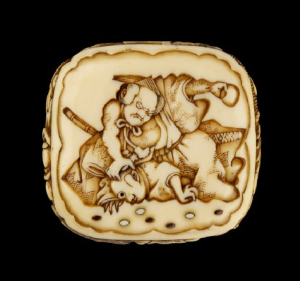 Ryūsa-style netsuke depicting a retainer of Minamoto no Yorimitsu slaying a goblinfront