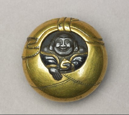 Manjū netsuke depicting Hotei peering from his sackfront