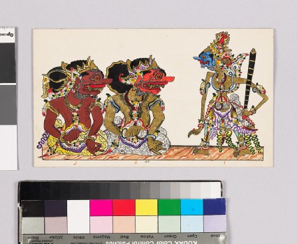Card with characters from Wayang theatrefront