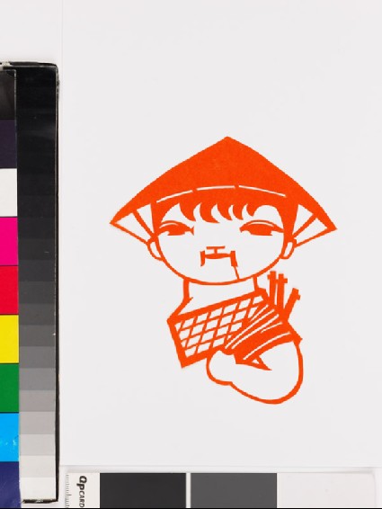 National minority child wearing a triangular hat and carrying sticksfront