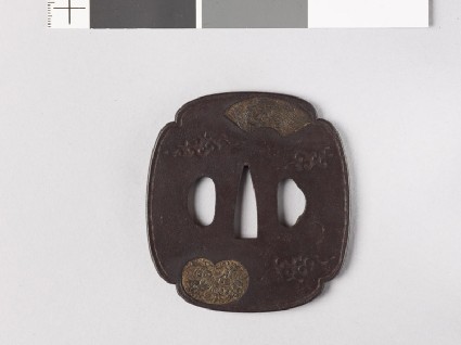 Mokkō-shaped tsuba with fan mounts depicting a phoenix and a unicornfront