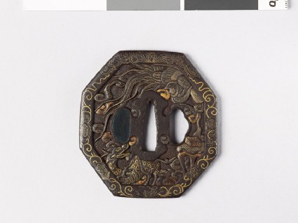 Octagonal tsuba with phoenix, kirin, and dragonfront