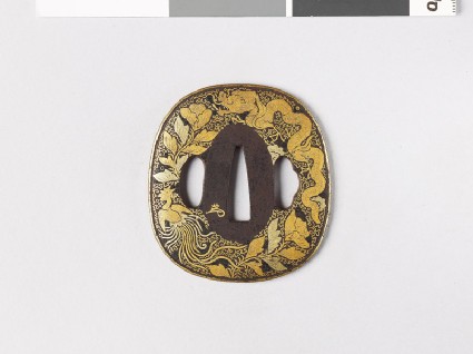 Aori-shaped tsuba with dragon, phoenix, and shishi, or lion dogfront