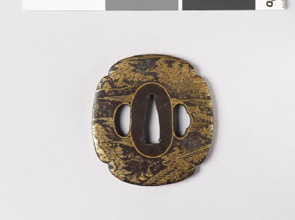 Mokkō-shaped tsuba depicting four of the Eight Views of Lake Ōmifront