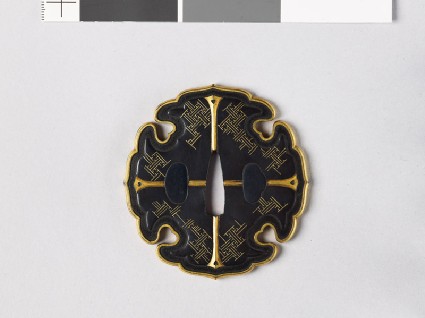 Aoi-shaped tsuba with fret diaper and ken, or double-edged swordsfront