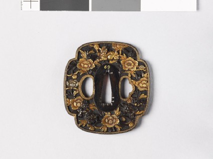 Mokkō-shaped tsuba with peonies and shishi, or lion dogsfront