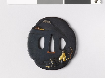 Mokkō-shaped tsuba depicting a court noble looking at Mount Fujifront