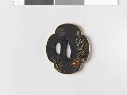 Tsuba with quails and autumn flowersfront