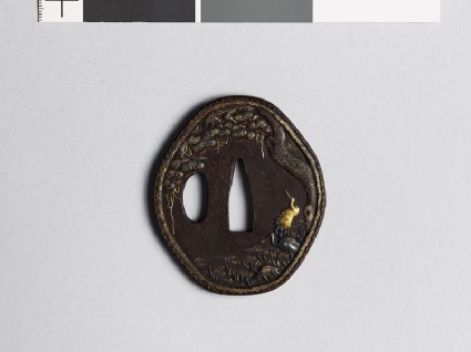 Tsuba with cranes, landscape, and temple buildingsfront