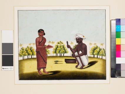 Metal worker with woman holding bellowsfront