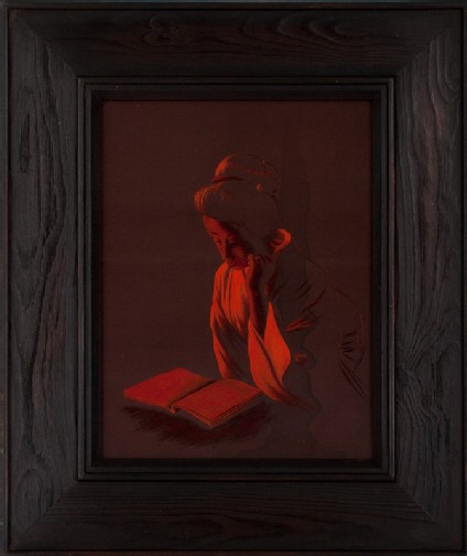 Young woman reading a book illuminated by orange lightfront, Cat. No. 36