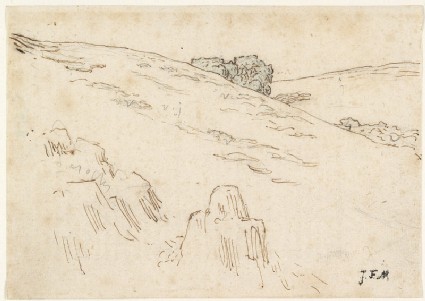 Hillside with rocks and a clump of treesfront