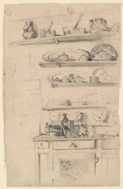 Corner of a kitchen press with shelvesfront